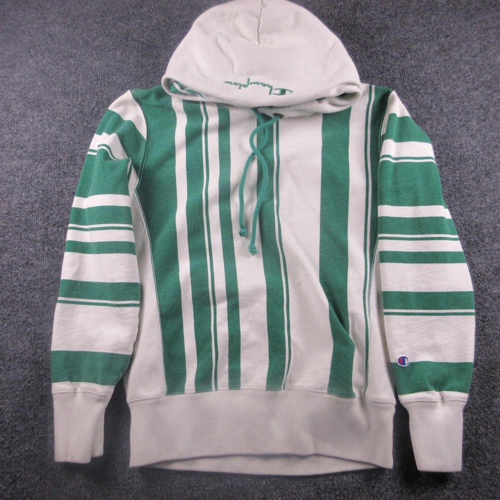 Champion Hoodie‎ Mens Medium White Green Striped Reverse Weave Fleece Pullover